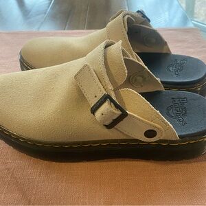 Doc Martens Beige Suede Buckle Clog with Yellow Stitching